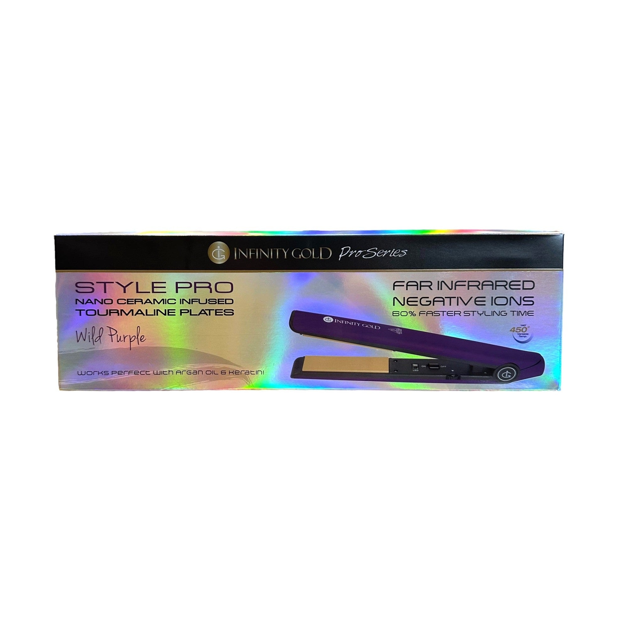 Box for Infinity Gold Pro Series Style Pro flat iron with a purple hair straightener.
